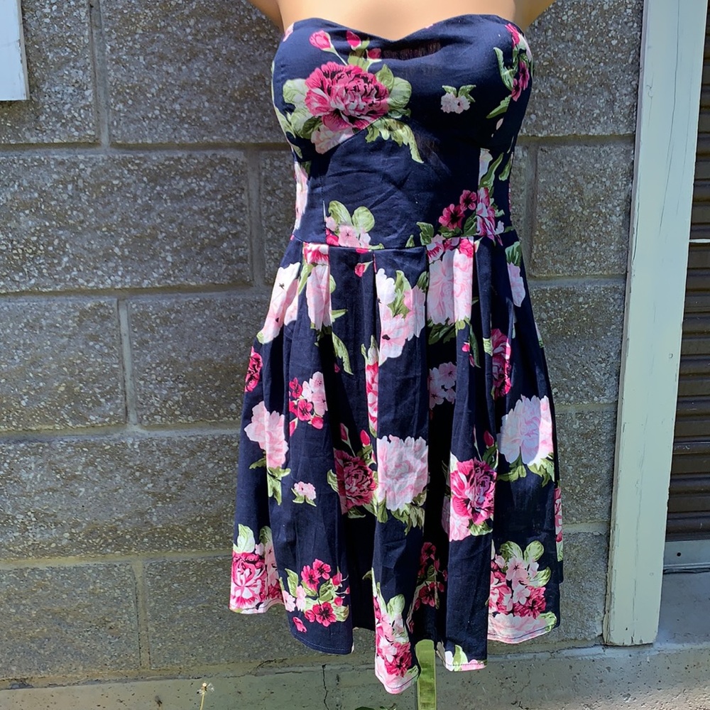 Strapless blue floral dress